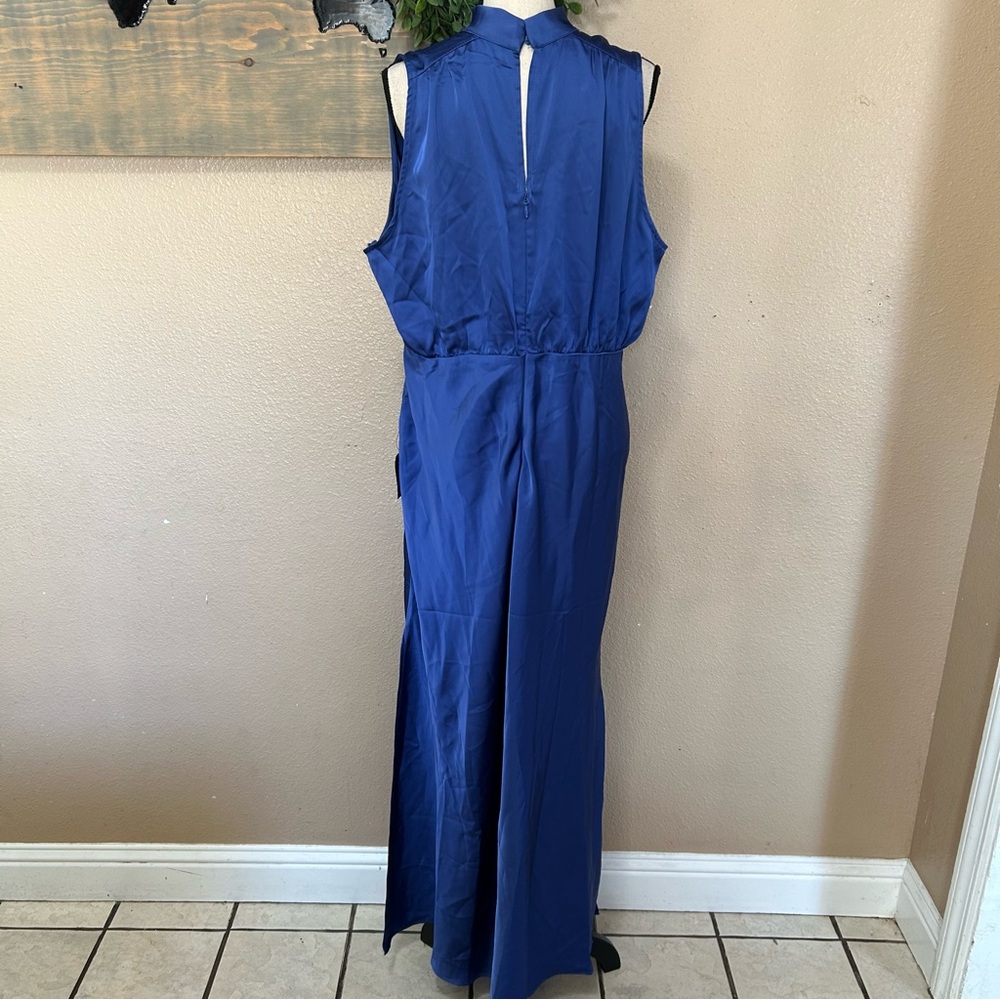 Lulus Classic Elegance Blue Satin Sleeveless Mock Neck Maxi Dress - Picture 4 of 8